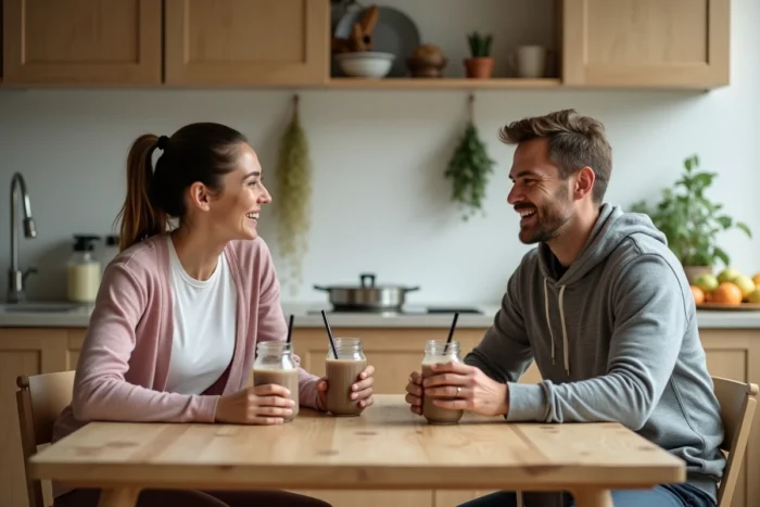 Deux sportifs partageant un repas de récupération riche en protéines dans une cuisine moderne après l'entraînement