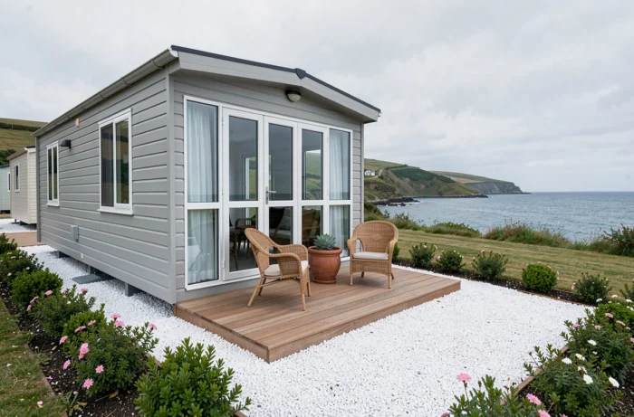 Parcelle avec mobil-home aménagée en bord de mer vue de face, avec terrasse en bois et végétation côtière