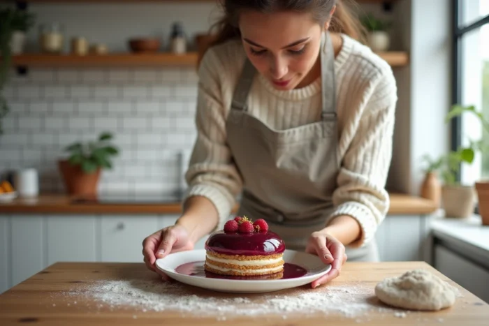 Jeune femme préparant un entremet moderne au glaçage miroir bordeaux dans une cuisine contemporaine