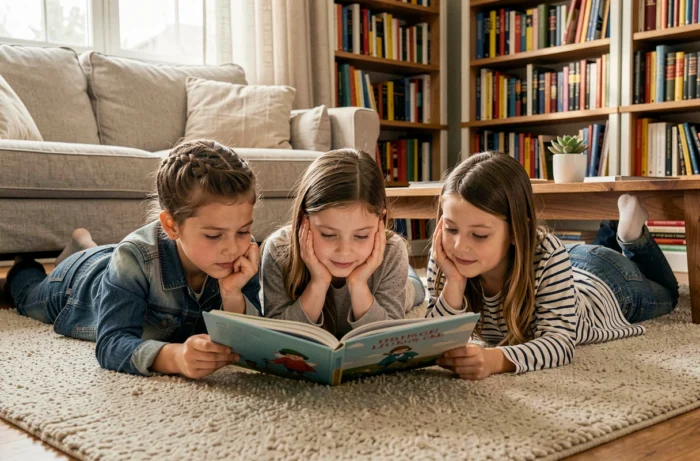 Père et ses deux filles lisant des livres illustrés ensemble sur un tapis en laine dans un salon cosy