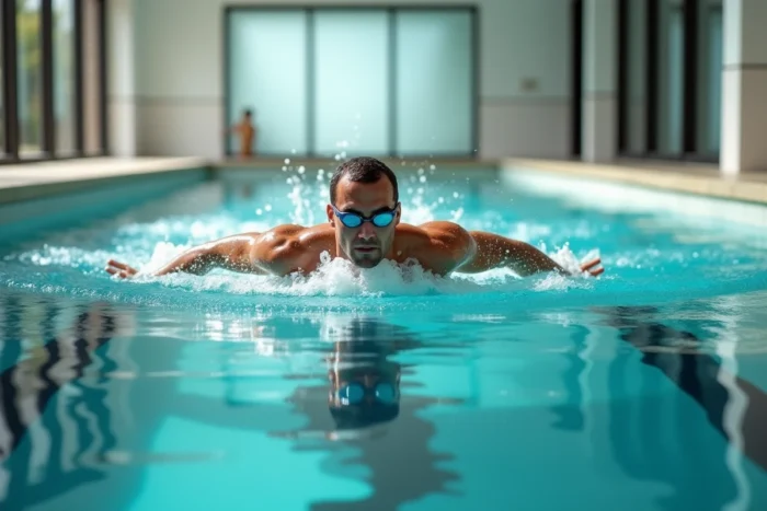 Homme nageant le crawl dans une piscine privée intérieure de 12 mètres dédiée à la nage sportive à domicile