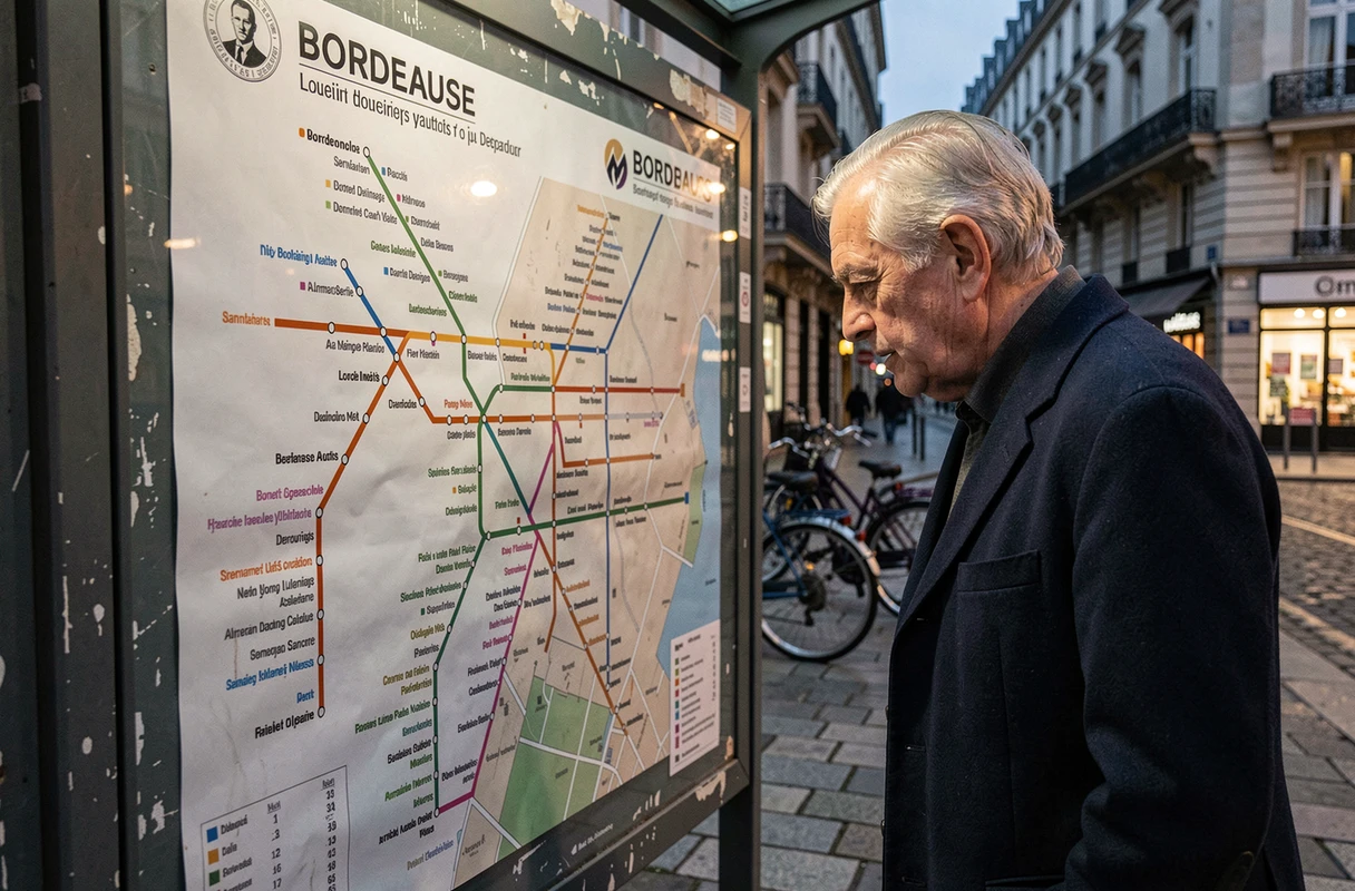 Plan du réseau de tramway de Bordeaux affiché à un arrêt avec un passager consultant les derniers horaires