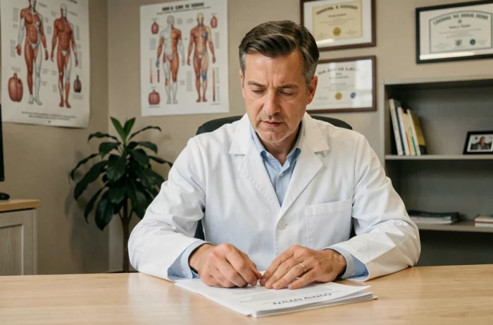 Praticien en hydrotomie percutanée consultant des dossiers patients dans son cabinet médical moderne