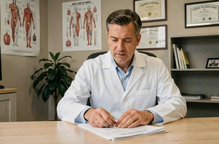 Praticien en hydrotomie percutanée consultant des dossiers patients dans son cabinet médical moderne