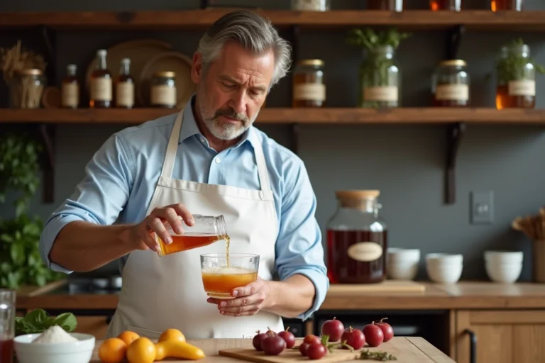 Homme préparant une liqueur maison en versant de l'alcool à 90 degrés dans un bol de fruits et sucre dans une cuisine artisanale