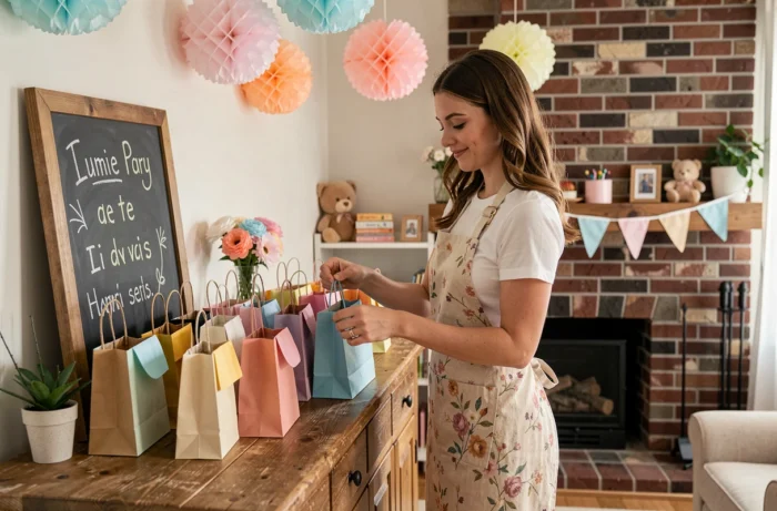 Femme préparant des sacs cadeaux colorés sur un buffet décoré pour une fête d'anniversaire enfantine en intérieur