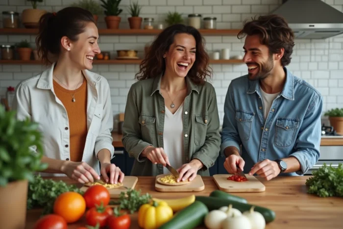 Groupe d'amis préparant ensemble des petits fours et snacks maison pour une fête conviviale à petit budget