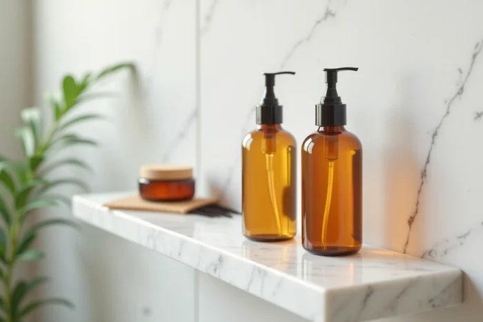 Flacons de soins capillaires pour la chute de cheveux posés sur un marbre de salle de bain, représentant des produits comme Bio Densyl ou Levona Paris
