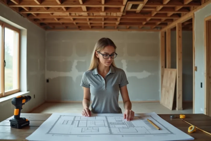 Professionnelle de la rénovation consultant des plans architecturaux dans un appartement en travaux