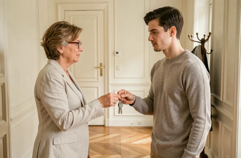 Propriétaire remettant les clés de son appartement à un jeune colocataire dans le cadre d'une cohabitation gratuite