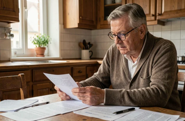 Propriétaire âgé signant un contrat de cohabitation gratuite à son domicile