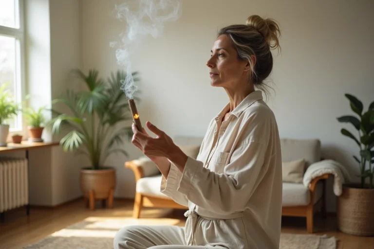Femme purifier maison avec bâton de sauge fumant dans un salon naturel et serein