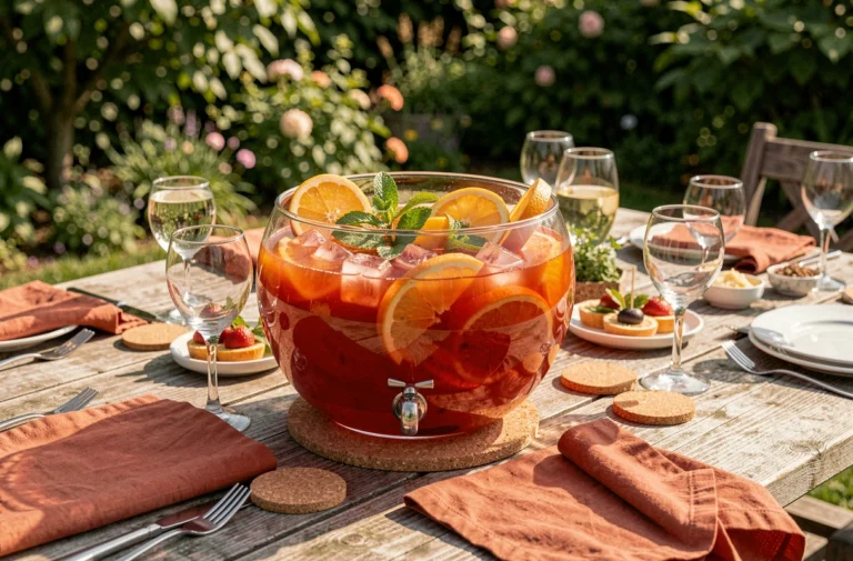 Grand bol de punch festif de 10 litres garni d'agrumes et de menthe sur une table en bois pour un apéro en plein air