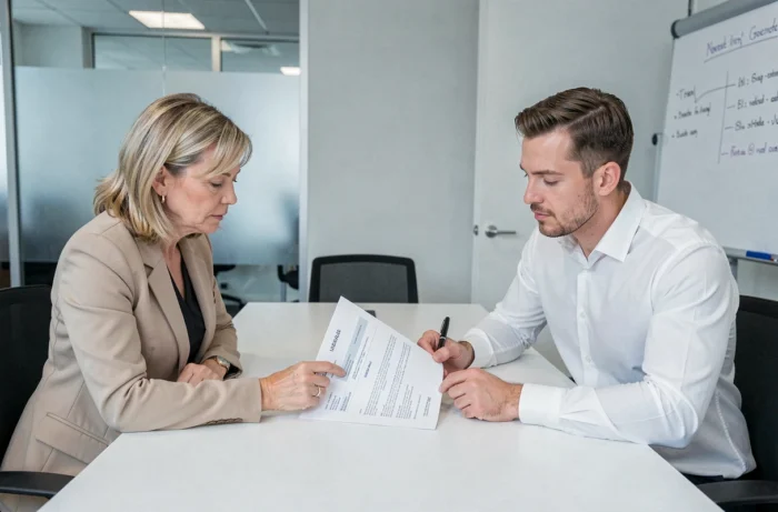 Recruteur et candidat examinant ensemble un CV optimisé lors d'un entretien professionnel