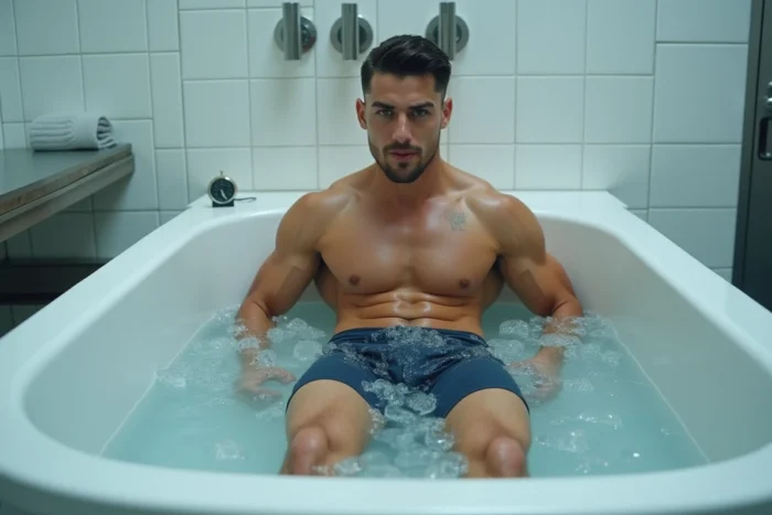 Sportif masculin effectuant un bain de glace pour la récupération musculaire dans une salle de sport professionnelle