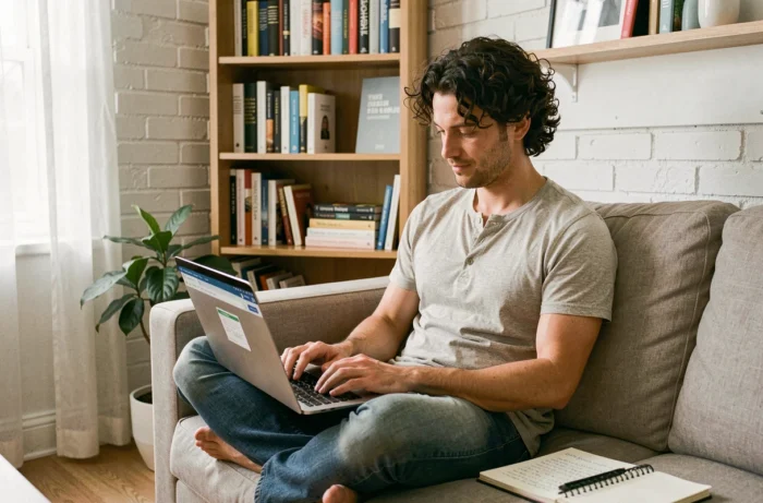 Rédacteur web freelance assis dans son bureau à domicile tapant sur son ordinateur portable