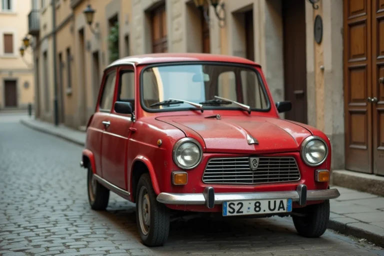 Renault 5 classique rouge des années 70 garée sur des pavés dans un village français, vue en trois quarts avant mettant en valeur sa silhouette emblématique