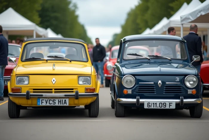 Renault 5 jaune et Renault Super 5 bleue côte à côte lors d'un salon de voitures anciennes, comparaison frontale mettant en évidence les différences de design entre les deux générations