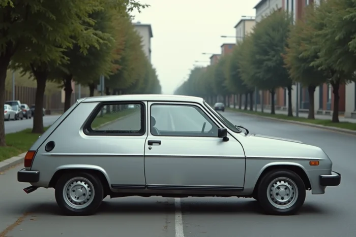 Renault Super 5 argentée vue de profil dans un environnement urbain des années 80, montrant ses pare-chocs intégrés et son design angulaire distinctif