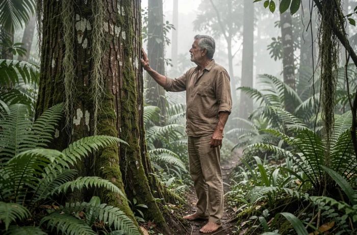 Homme contemplant la forêt amazonienne lors d'une retraite de transformation personnelle avec ayahuasca