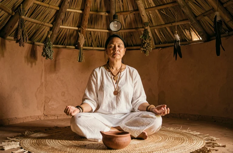 Femme en méditation profonde lors d'une retraite ayahuasca dans une maloca amazonienne traditionnelle