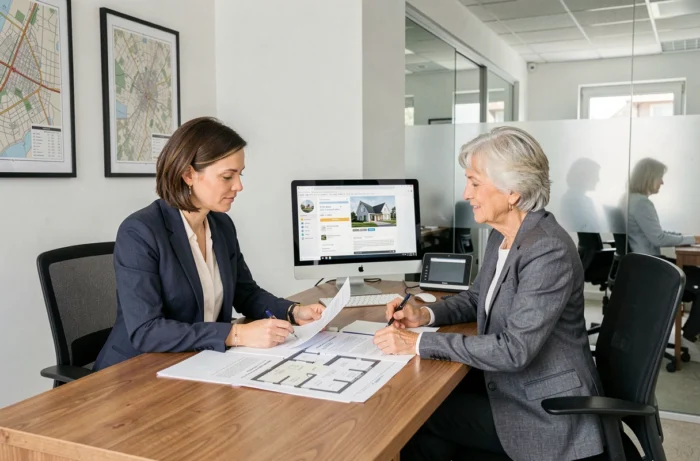 Deux femmes discutant de documents immobiliers dans une agence moderne, collaboration professionnelle entre générations