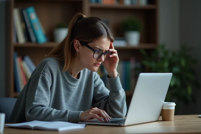 Femme inquiète devant un écran de streaming illégal, illustrant les risques légaux liés à l'utilisation de plateformes comme Eternal Lunesta