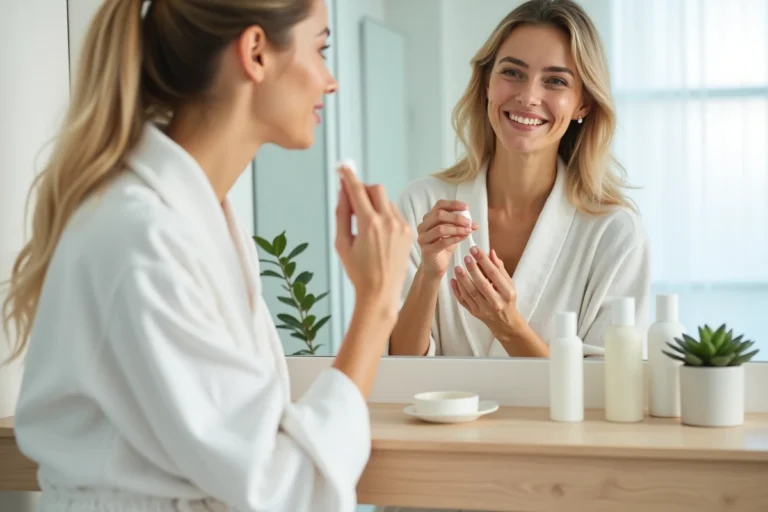 Femme appliquant une crème hydratante lors de sa routine beauté matinale dans une salle de bain minimaliste