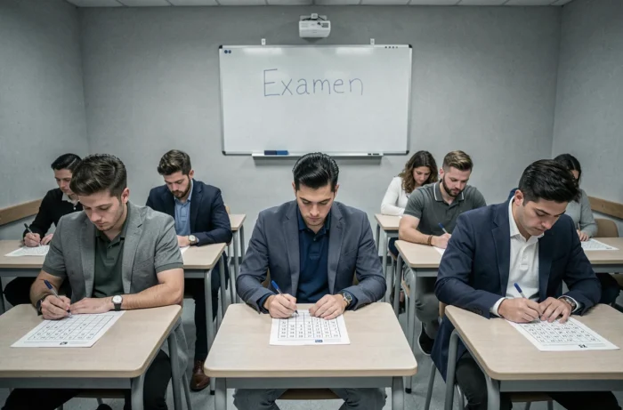 Groupe de candidats passant un test de logique en salle d'examen lors d'un recrutement de type Semitan