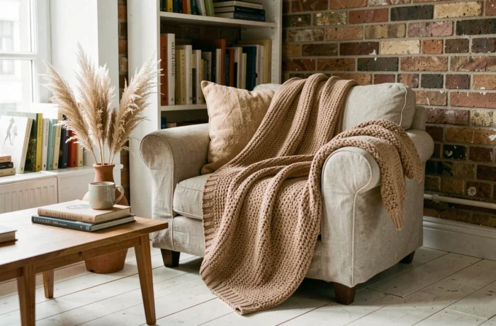 Coin salon cosy avec fauteuil en lin, plaid tricoté et décoration naturelle pour créer un intérieur cocon chaleureux