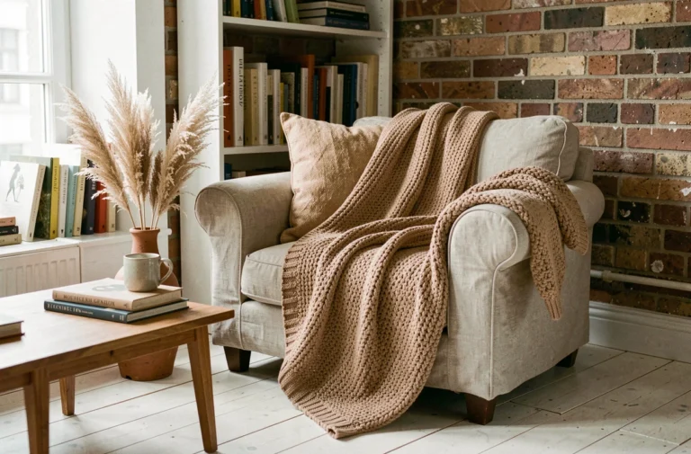 Coin salon cosy avec fauteuil en lin, plaid tricoté et décoration naturelle pour créer un intérieur cocon chaleureux