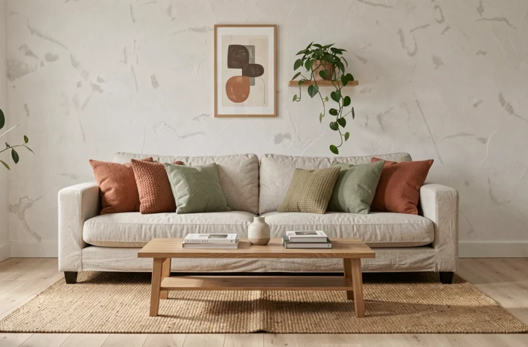 Salon scandinave cosy avec canapé en lin, coussins terracotta et vert sauge, tapis en jute et plante verte sur étagère flottante