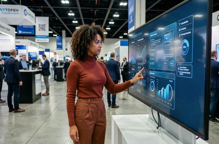 Femme explorant les innovations technologiques lors d'un salon geek et tech avec des écrans interactifs