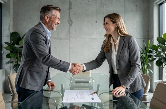 Deux professionnels de l'immobilier se serrant la main après la signature d'un contrat dans un bureau moderne