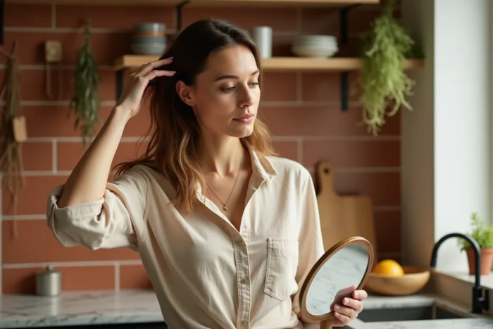 Jeune femme se brossant les cheveux dans une cuisine moderne avec une ambiance chaleureuse et naturelle