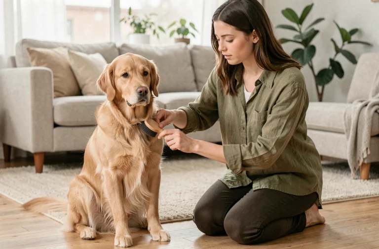 Jeune femme brossant son golden retriever dans un appartement moderne, soin quotidien des animaux de compagnie