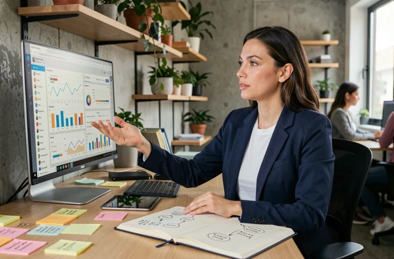 Femme responsable community management analysant une stratégie de marque sur un écran d'ordinateur dans un bureau moderne