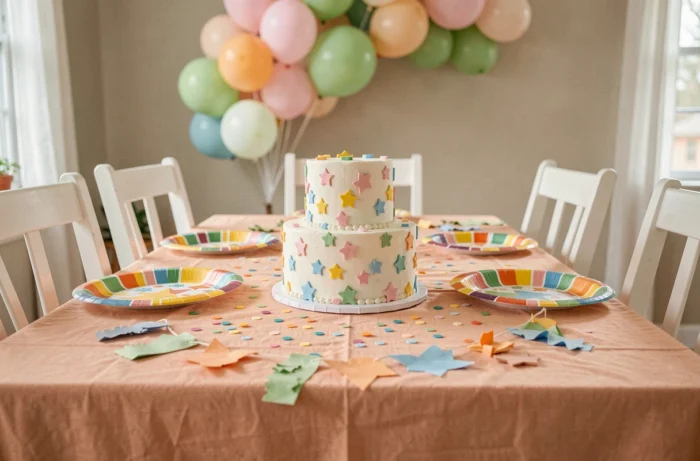 Table d'anniversaire décorée avec gâteau, confettis et guirlandes colorées pour une fête d'enfants à la maison