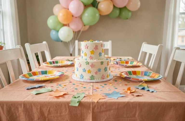 Table d'anniversaire décorée avec gâteau, confettis et guirlandes colorées pour une fête d'enfants à la maison