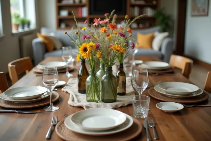 Table de fête décorée de façon créative et économique dans un salon avec vaisselle dépareillée et fleurs sauvages