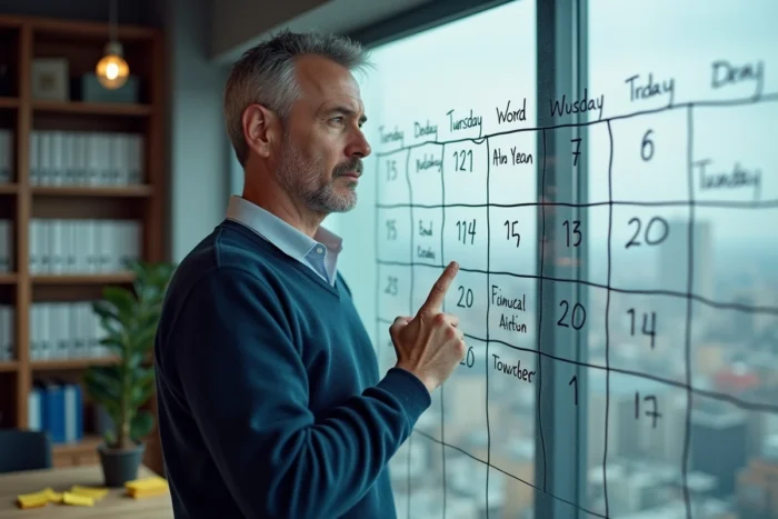 Homme debout devant un tableau blanc avec des grilles mensuelles manuscrites pour le calcul des jours ouvrés annuels