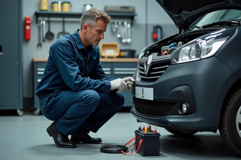 Technicien automobile connectant un chargeur de batterie 12V sur une Renault Austral dans un garage professionnel