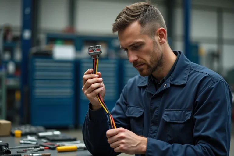 Technicien automobile examinant un faisceau de câbles autoradio Peugeot aux couleurs distinctives dans un atelier professionnel