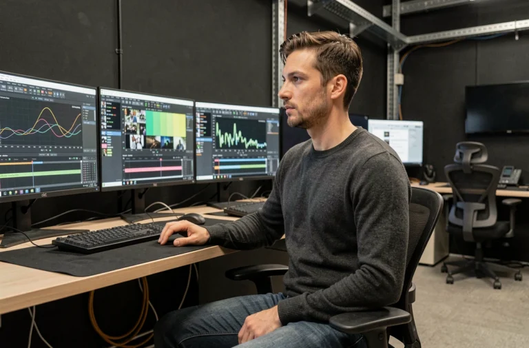 Technicien vidéo analysant des formats vidéo dont le HDTS sur des écrans de montage professionnel