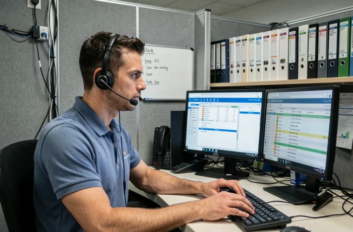 Technicien helpdesk en horaires de journée à son poste de travail avec casque et double écran de ticket informatique