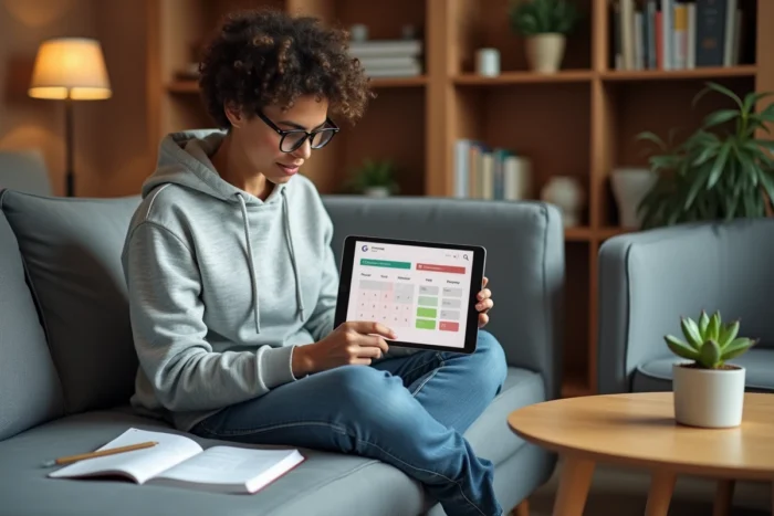 Personne en télétravail calculant le nombre de jours travaillés sur une tablette et un carnet de notes manuscrit