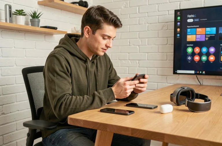 Jeune homme découvrant les dernières tendances tech et gadgets geek dans un bureau moderne et minimaliste