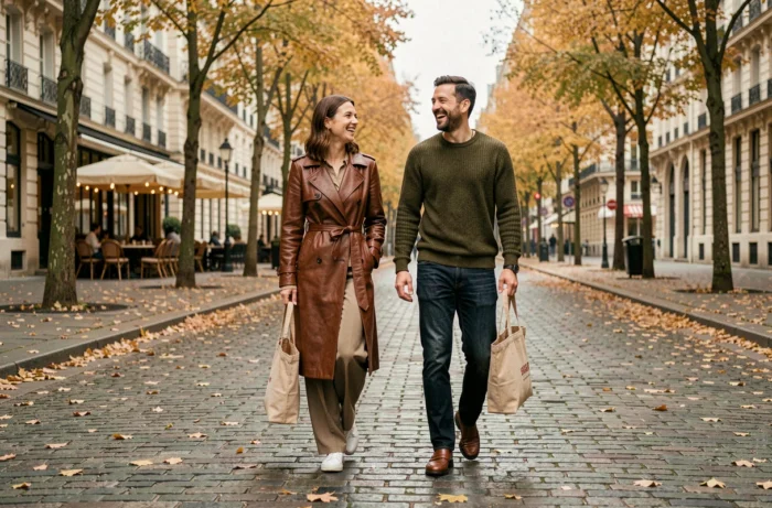 Couple tendance en manteau en cuir et pull en maille marchant sur un boulevard parisien pavé aux couleurs automnales