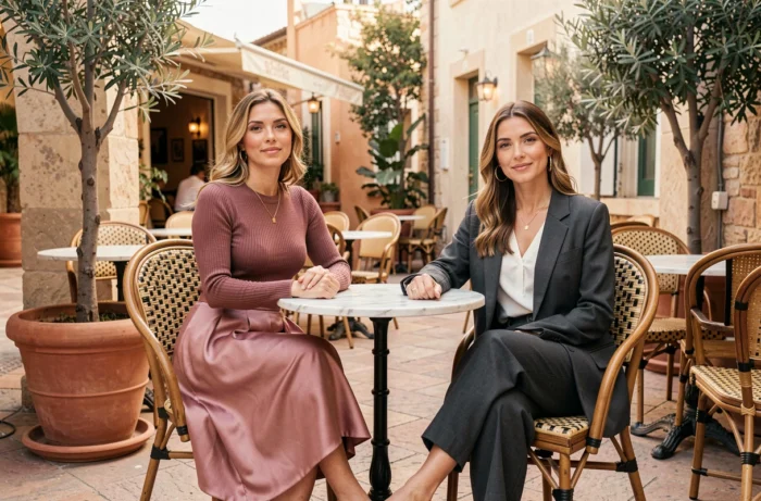 Deux femmes aux styles contrastés assises en terrasse de café, l'une en jupe satin rose et l'autre en co-ord gris structuré, tendances mode saison