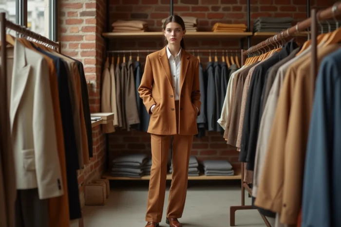 Femme élégante en blazer camel oversize explorant les dernières tendances mode dans une boutique parisienne moderne